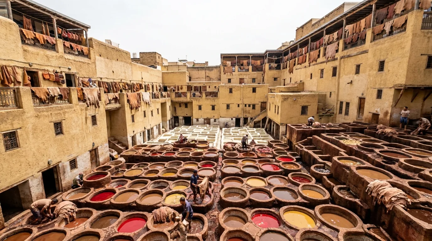 Chouara tanneries — Fes el-Bali's iconic leather dyeing vats, operating on the same site since the 11th century
