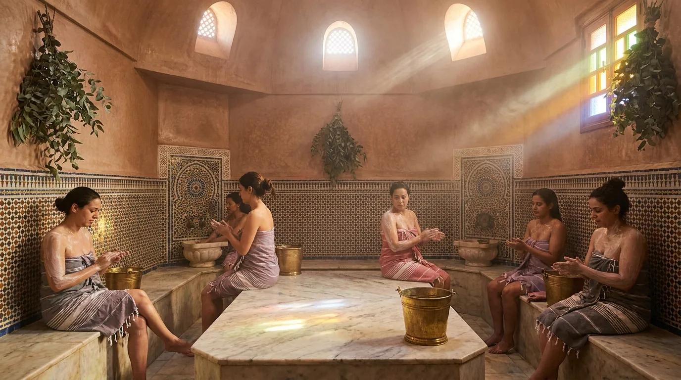Traditional Moroccan hammam interior — steam rooms, black soap, and tiled walls