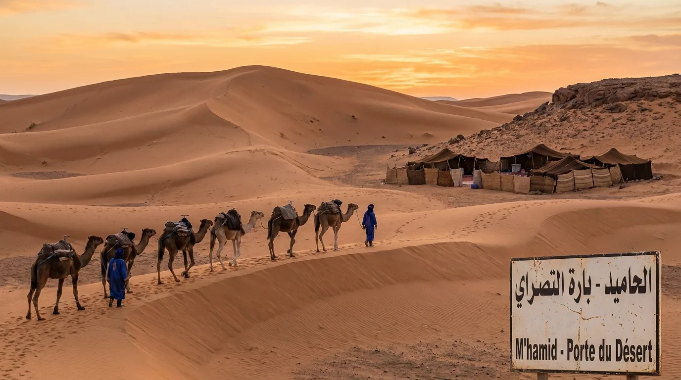 Desert camp among the Erg Chebbi dunes at Merzouga